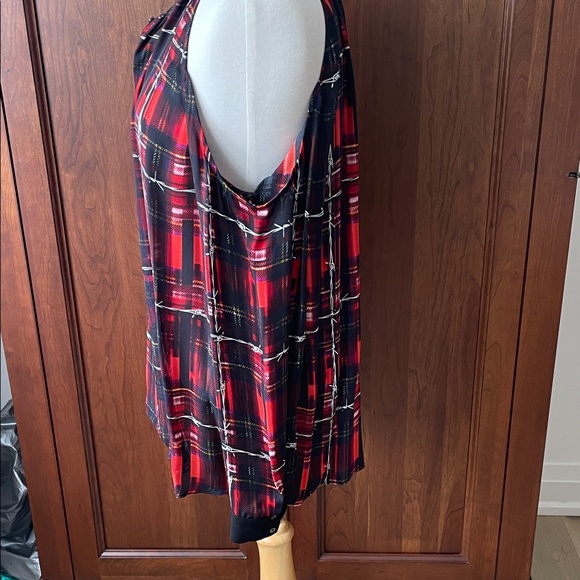 Nicole Miller Red and Black Plaid Cold Shoulder Blouse - Picture 4 of 10